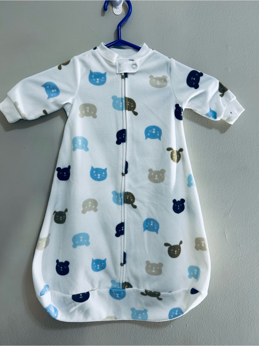 Carter's White Sleep Sack with Blue and Gray Animal Faces 0-3
months